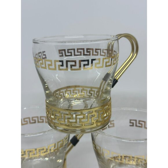 VTG Libbey Gold Greek Key Glass Coffee Cups – Set of 5 w/ Brass Holders 3” Retro - Picture 5 of 5
